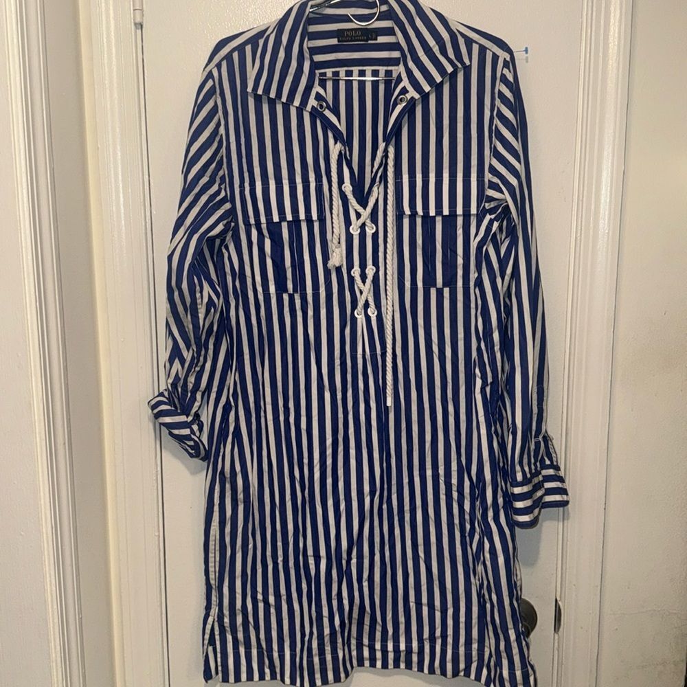 Women's Polo Ralph Lauren Striped Poplin Lace Up Dress Blue + White Size LG